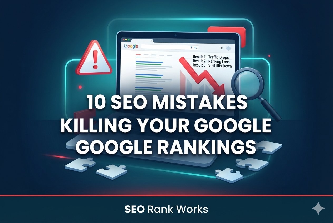 Worried marketer reviewing falling Google search rankings caused by common SEO mistakes