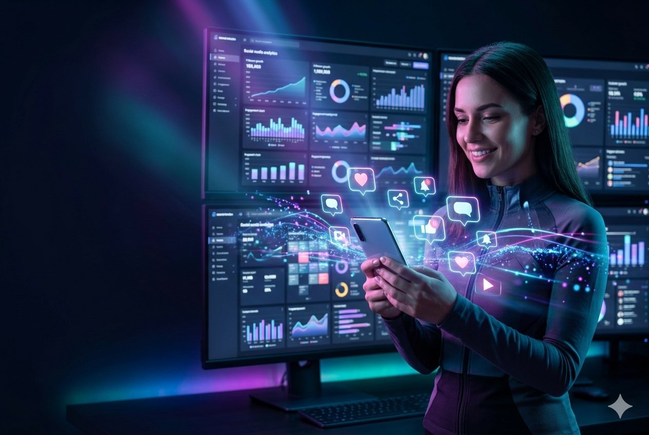 Digital marketer using a smartphone with social media analytics and growth graphs