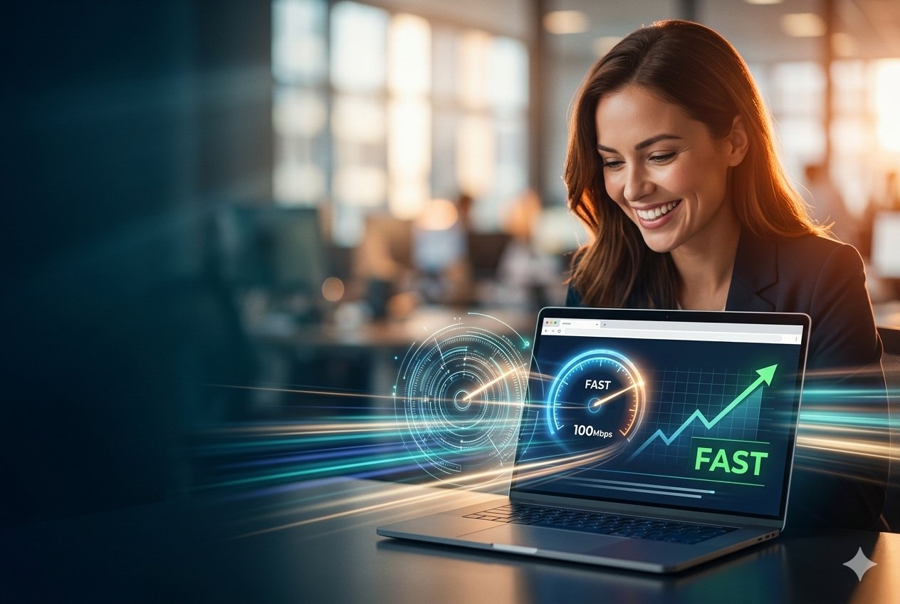Businesswoman viewing a fast-loading website with a speedometer and rising sales graph