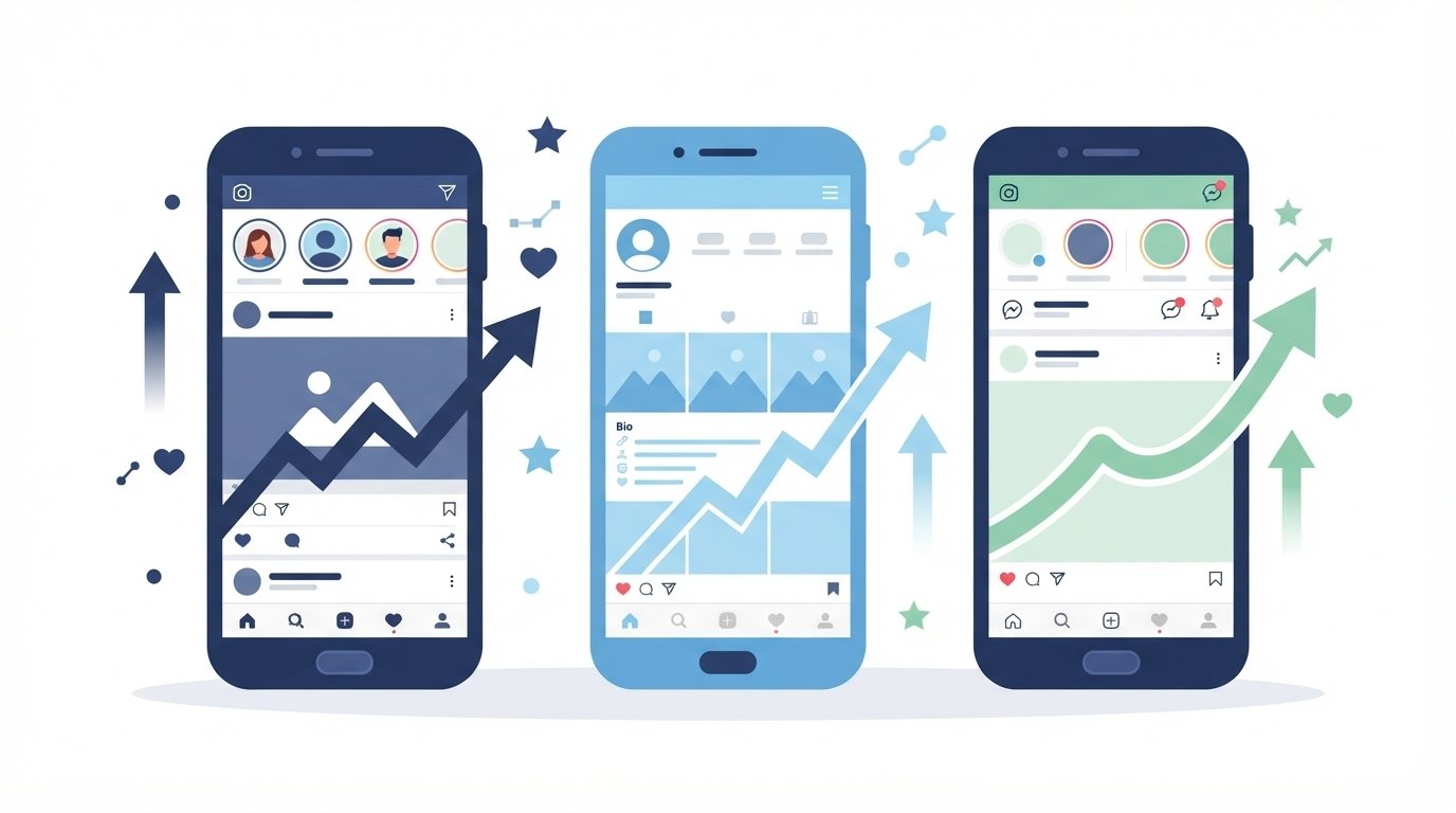 Three smartphones showing different social media platforms with growth and engagement icons