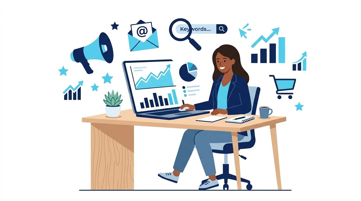 Small business owner using a laptop with marketing analytics charts and digital marketing icons