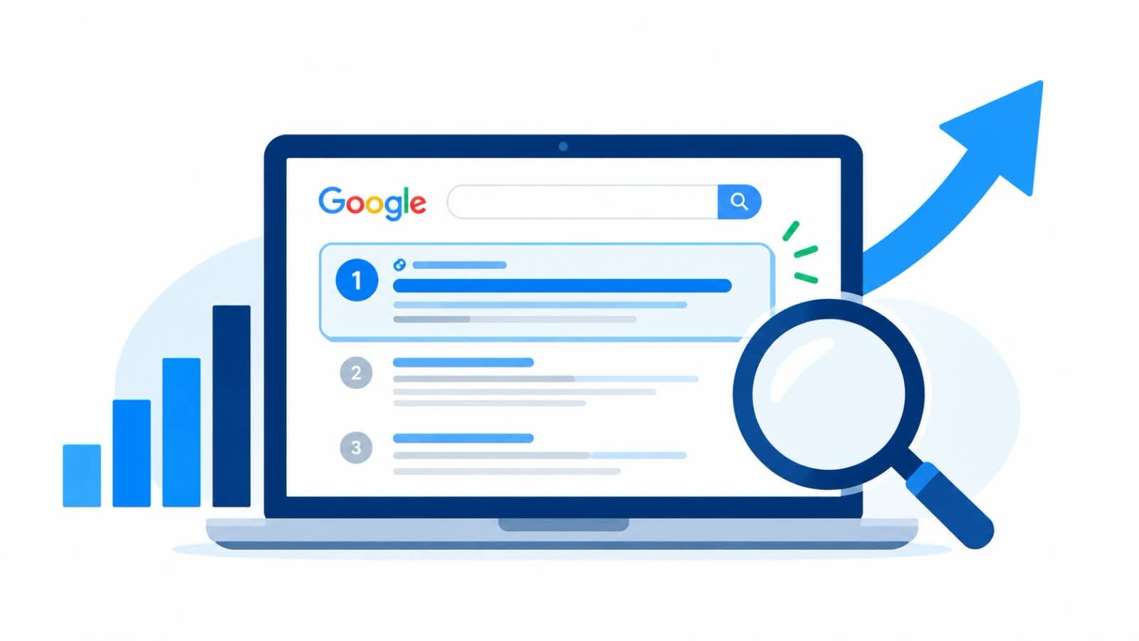 Laptop showing Google search results with a website ranking first using SEO